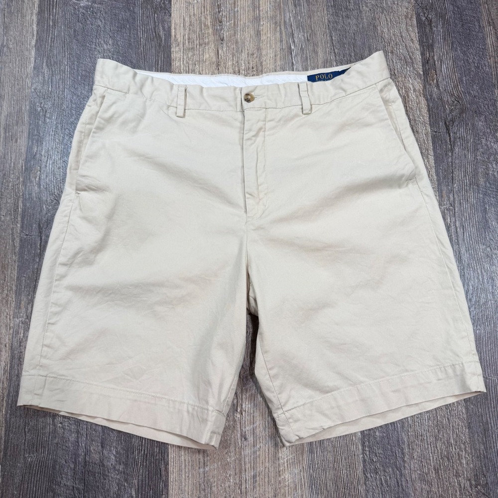 Polo Ralph Lauren Chino Shorts Mens 34 Beige Tan Stretch Classic Fit Flat Front